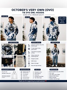 October’s Very Own OVO Owl Tie Dye Hoodie Large Blue White NWT Made Portugal